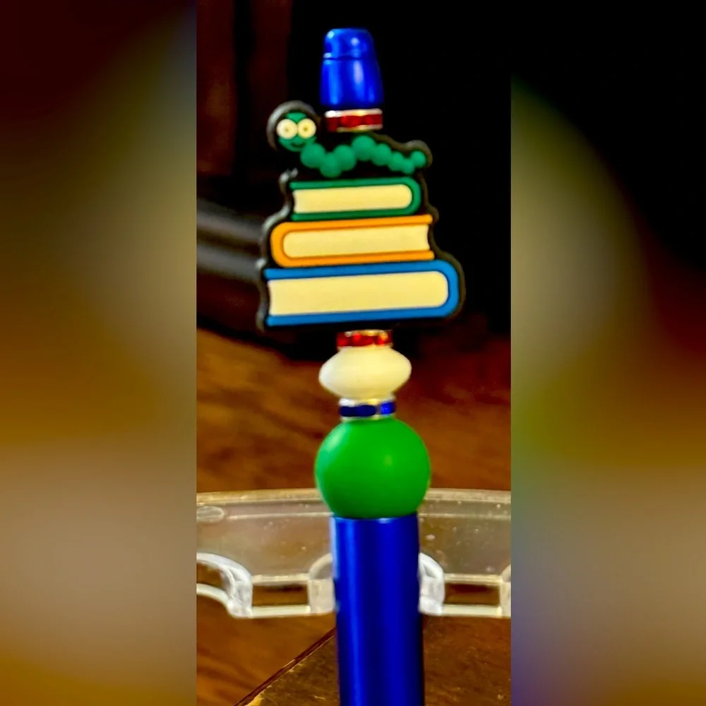 Handcrafted Bookworm Librarian Teacher Rhinestone Beaded Pen Stationery Gift